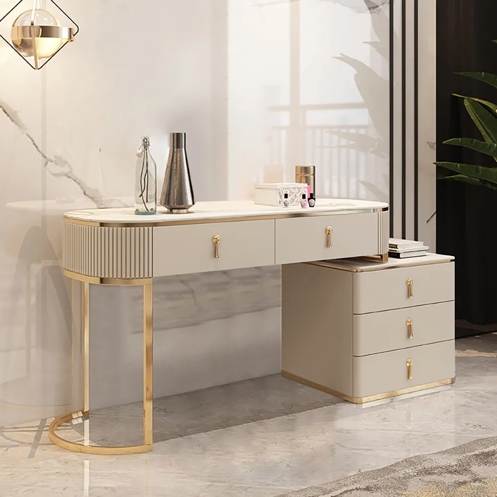 Extendable Nordic Dressing Table with 5-Drawer Dressing Table with Stone Top in Champagne
