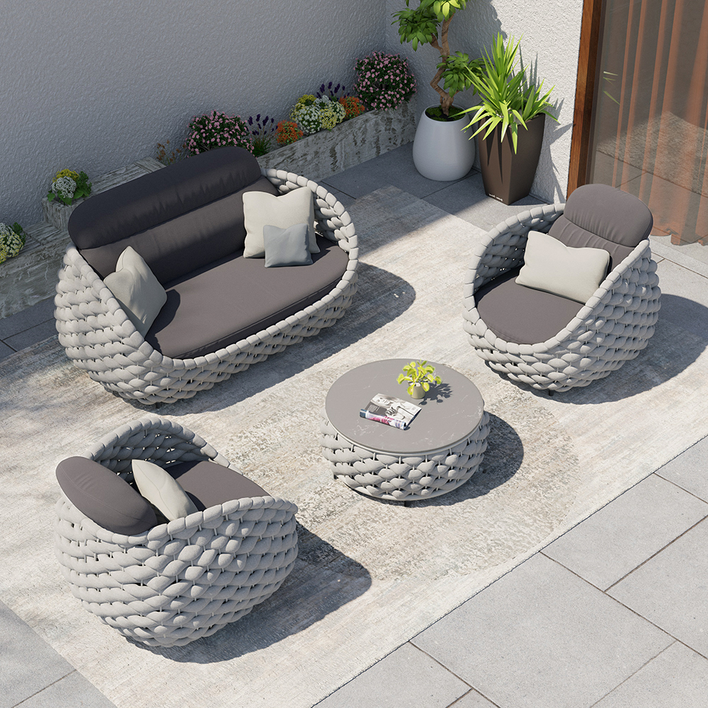 4 PCS Woven Rope garden Sectional Sofa Set Modern Yard & Patio Furniture for 4 Person in Gray Cushion & Pillow Included