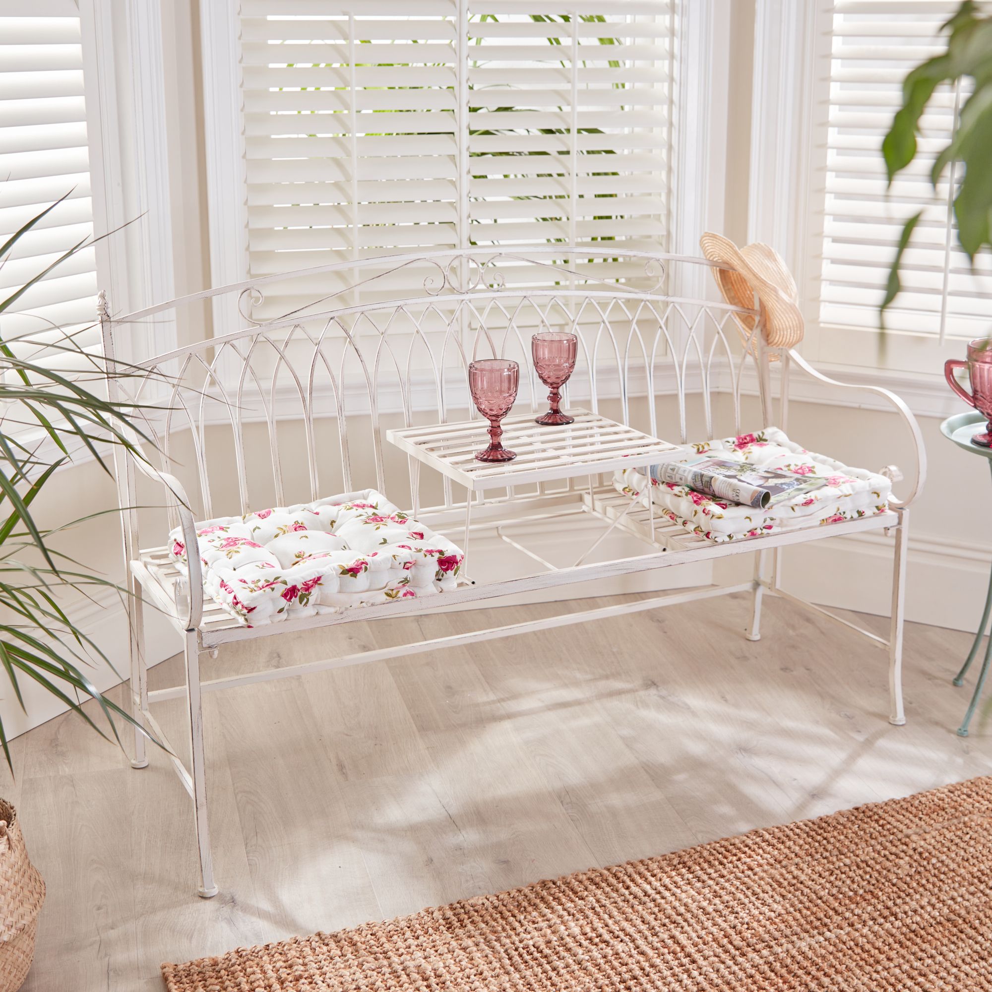 Dibor Vintage Large Cream Arched Outdoor Garden Furniture Companion Seat Bench with Free Set of 2 Floral Box Cushions