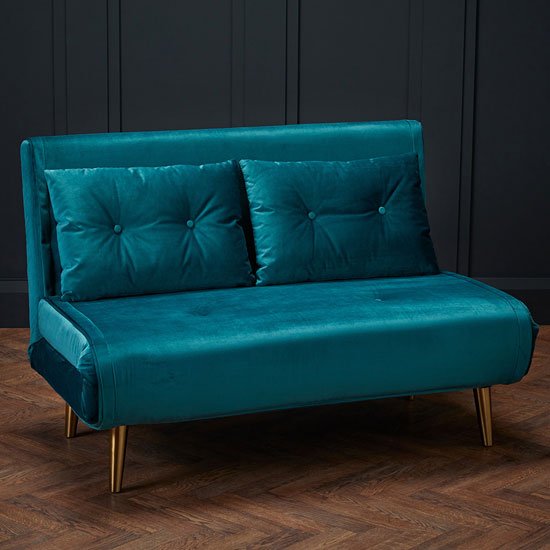 Madison Velvet Upholstered Sofa Bed In Teal With Gold Legs