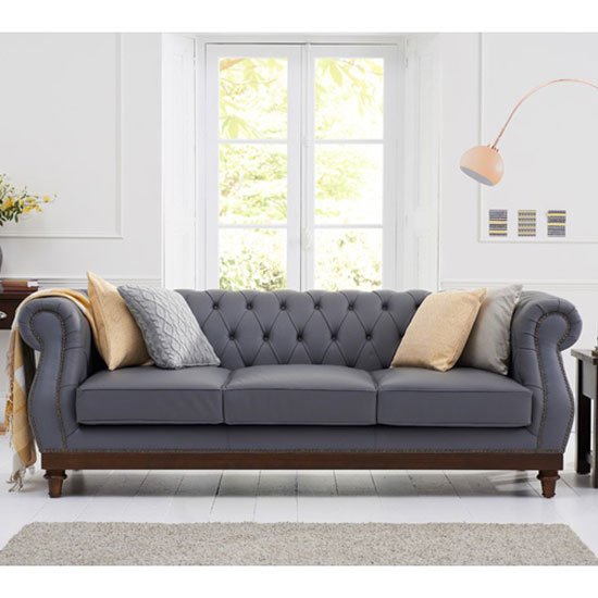 Ruskin 3 Seater Sofa In Grey Leather With Dark Ash Legs