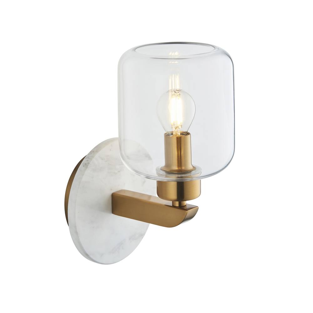 Netlighting Travi Wall Lamp White Volakas Marble Vintage Brass & Clear Glass E14