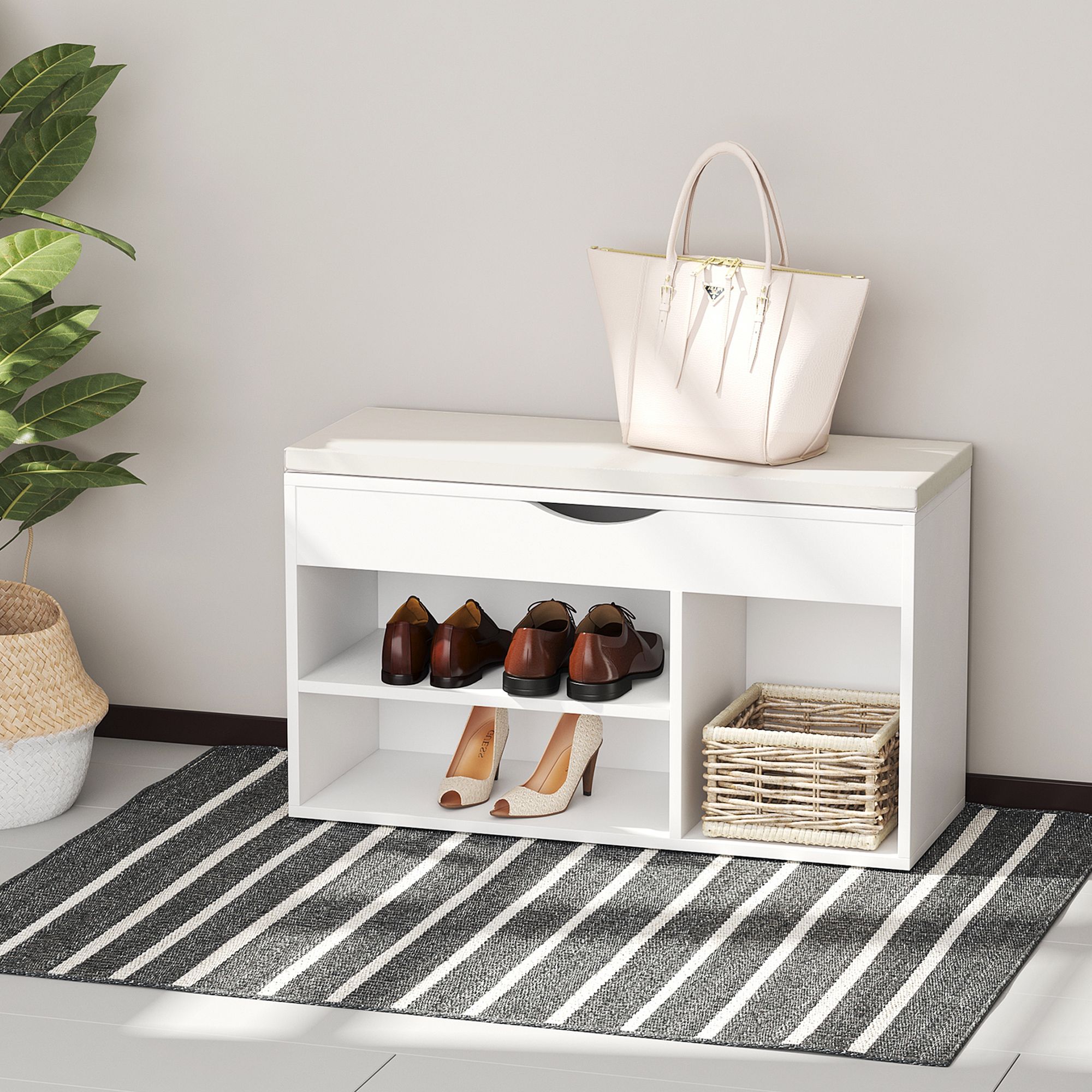 HOMCOM Wooden Shoes Cabinet Bench Hidden Storage Padded Seat in White