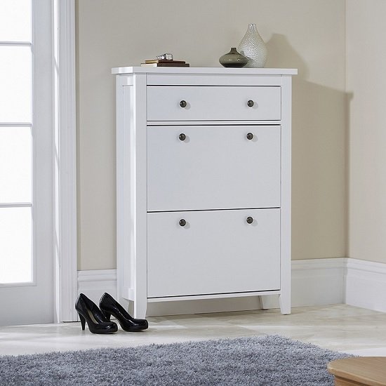 Strado Wooden Shoe Cabinet In White With 2 Doors And 1 Drawer