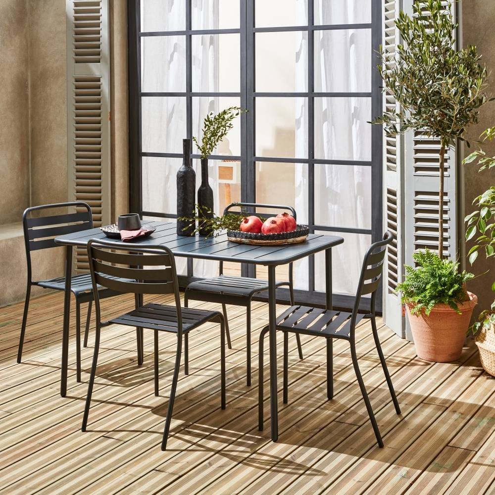 sweeek 4-seater Rectangular Steel Garden Table Set With Chairs in Grey