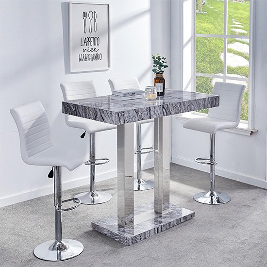 Melange Gloss Marble Effect Bar Table 4 Ripple White Bar Stool
