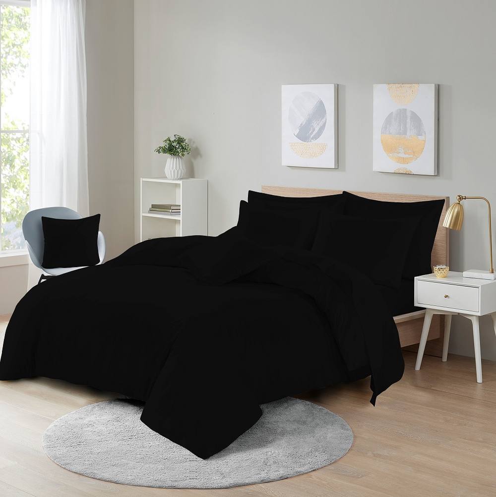 Homes-Linen Plain Dyed Polycotton Duvet Cover Set with Pillowcases in Black