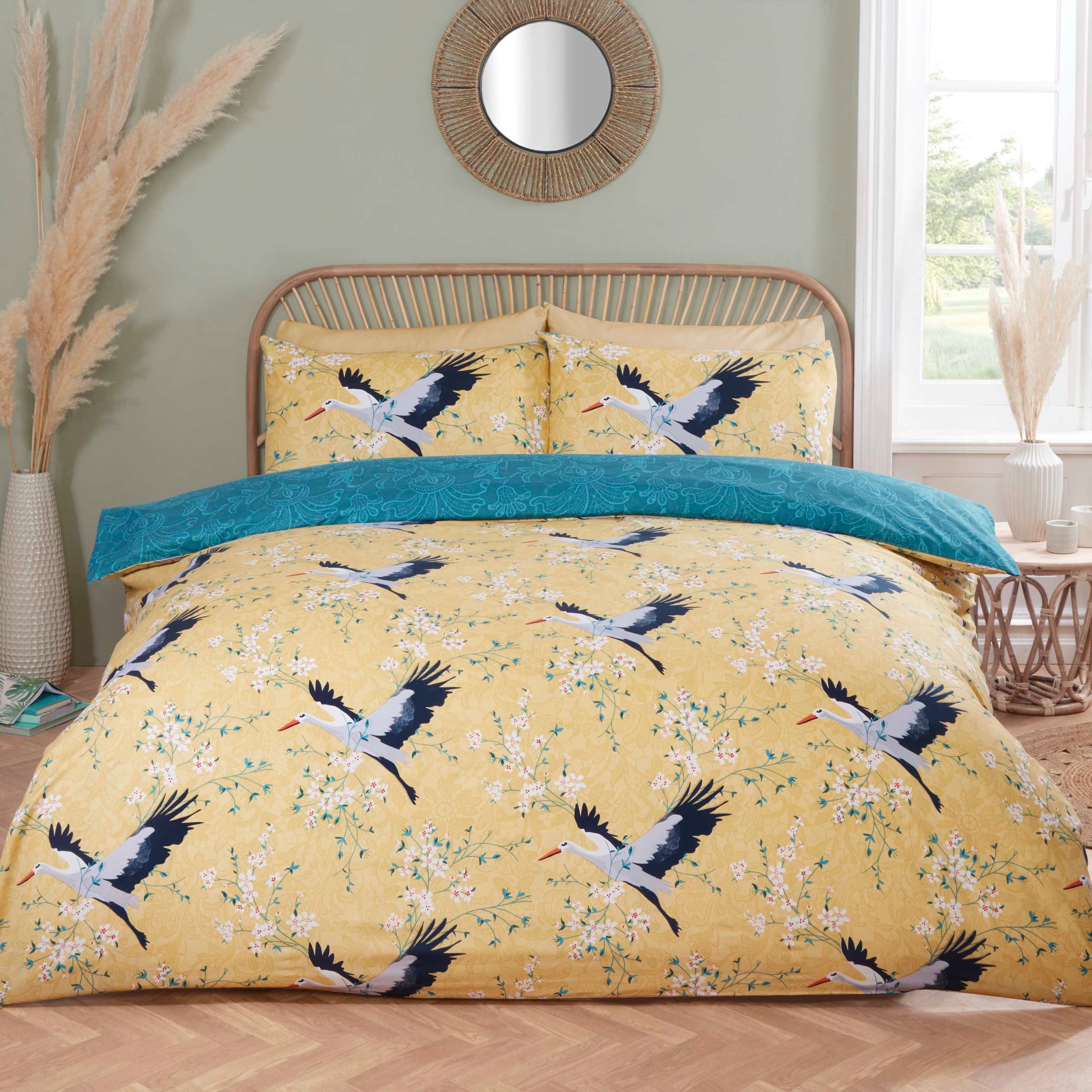Rapport Home Cranes Microfibre Reversible Duvet Cover Set with Pillowcase in Orange