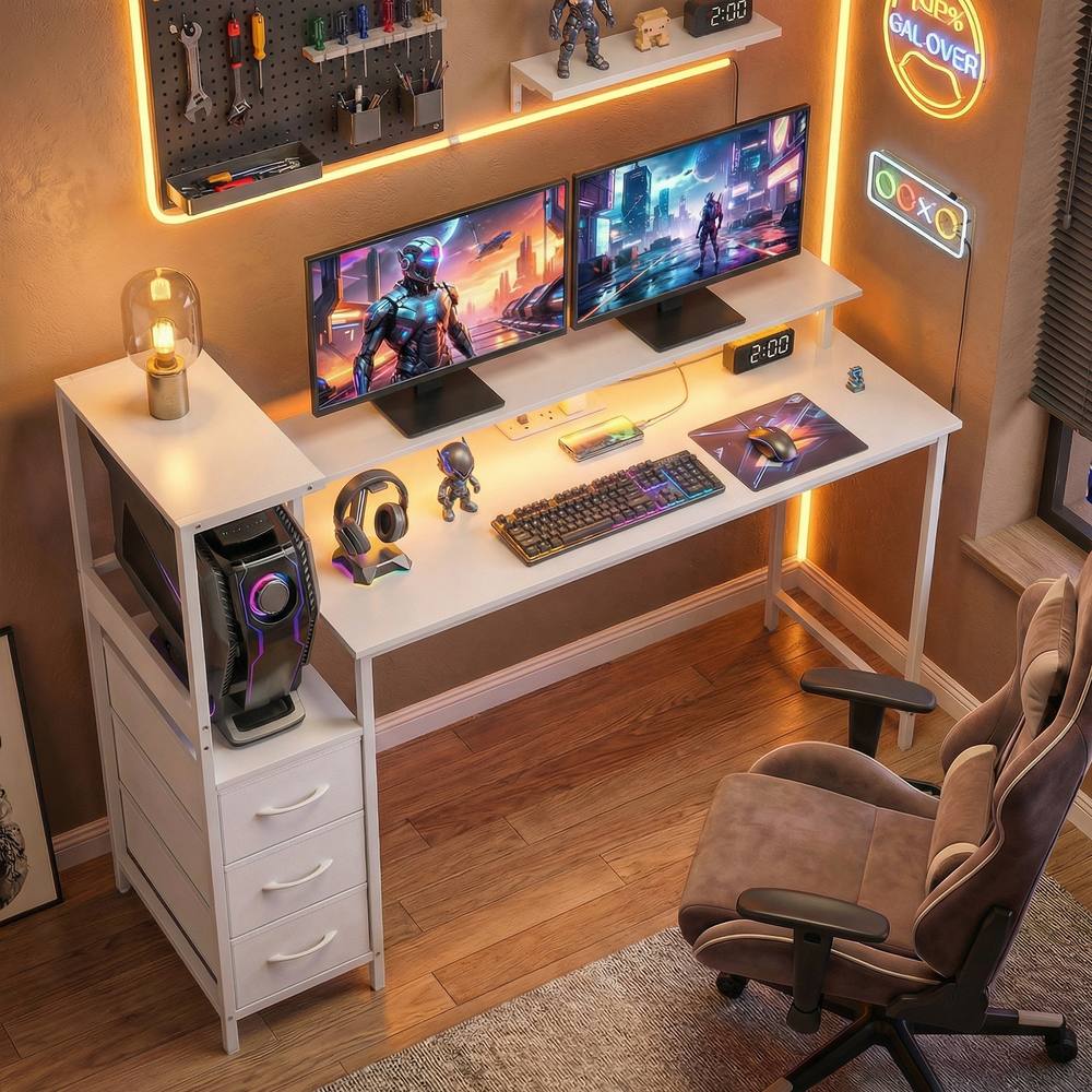 HOMCOM 147cm Gaming Desk with Charging Station & RGB Lights in White