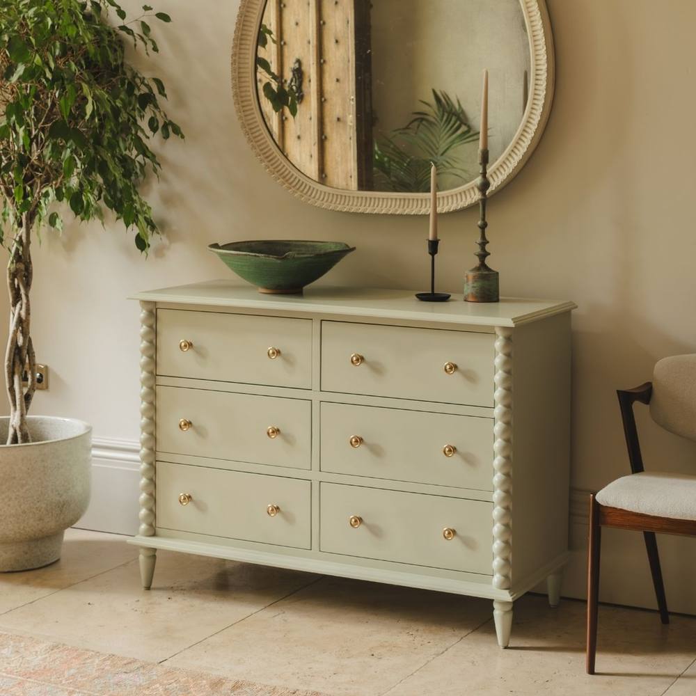 Statement Furniture Cromwell Large 6 Drawer Chest of Drawers with Bobbin Design in Light Green