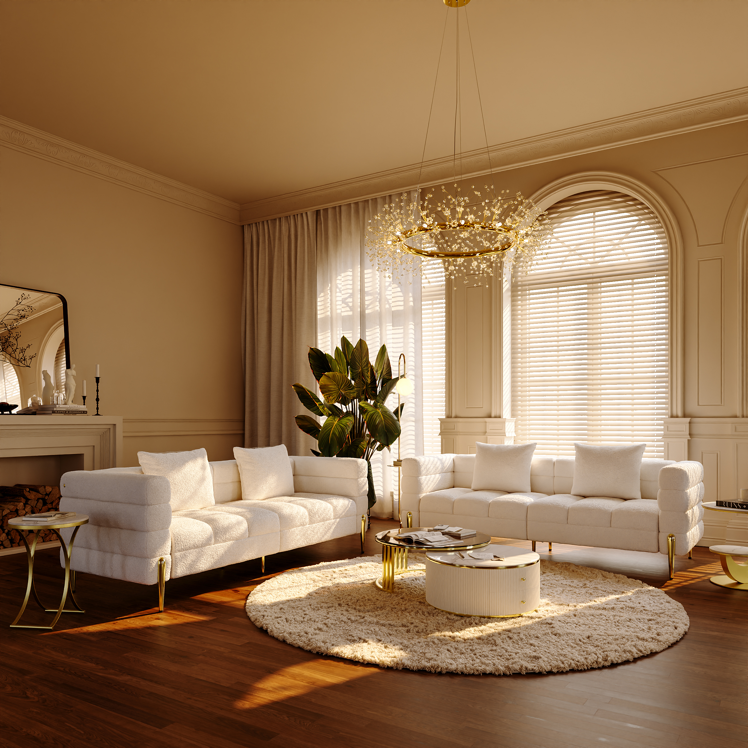 Living Room Set 200 cm White Boucle Upholstered Fluted 3-Seater Sofa Set of Two with Pillows