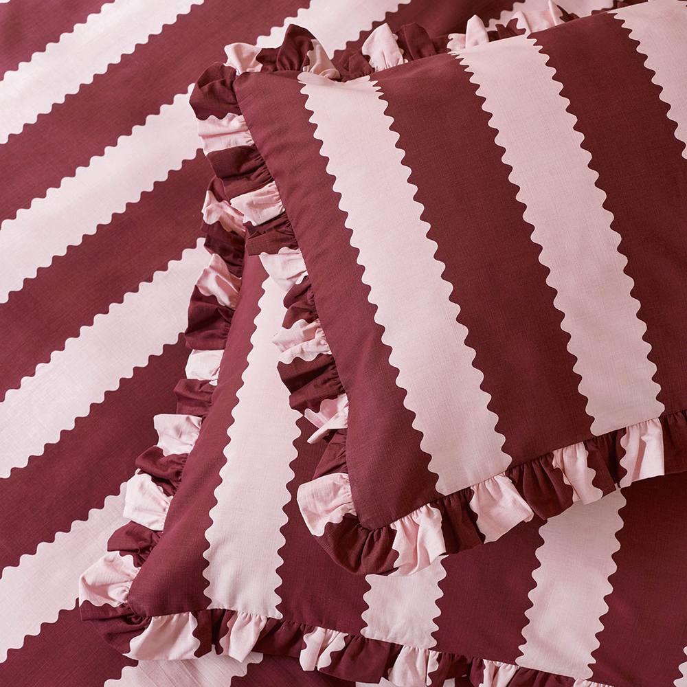 Wylder Birdie Stripe Ruffle Pillowcase Pair in Burgundy