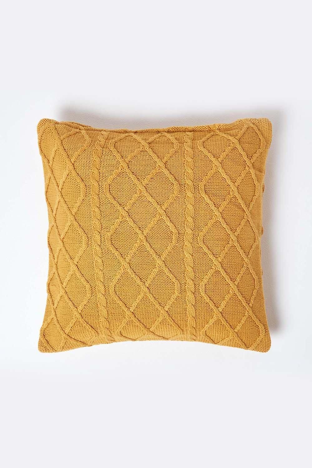 Homescapes Diamond Cable Knit Cushion Cover in Mustard