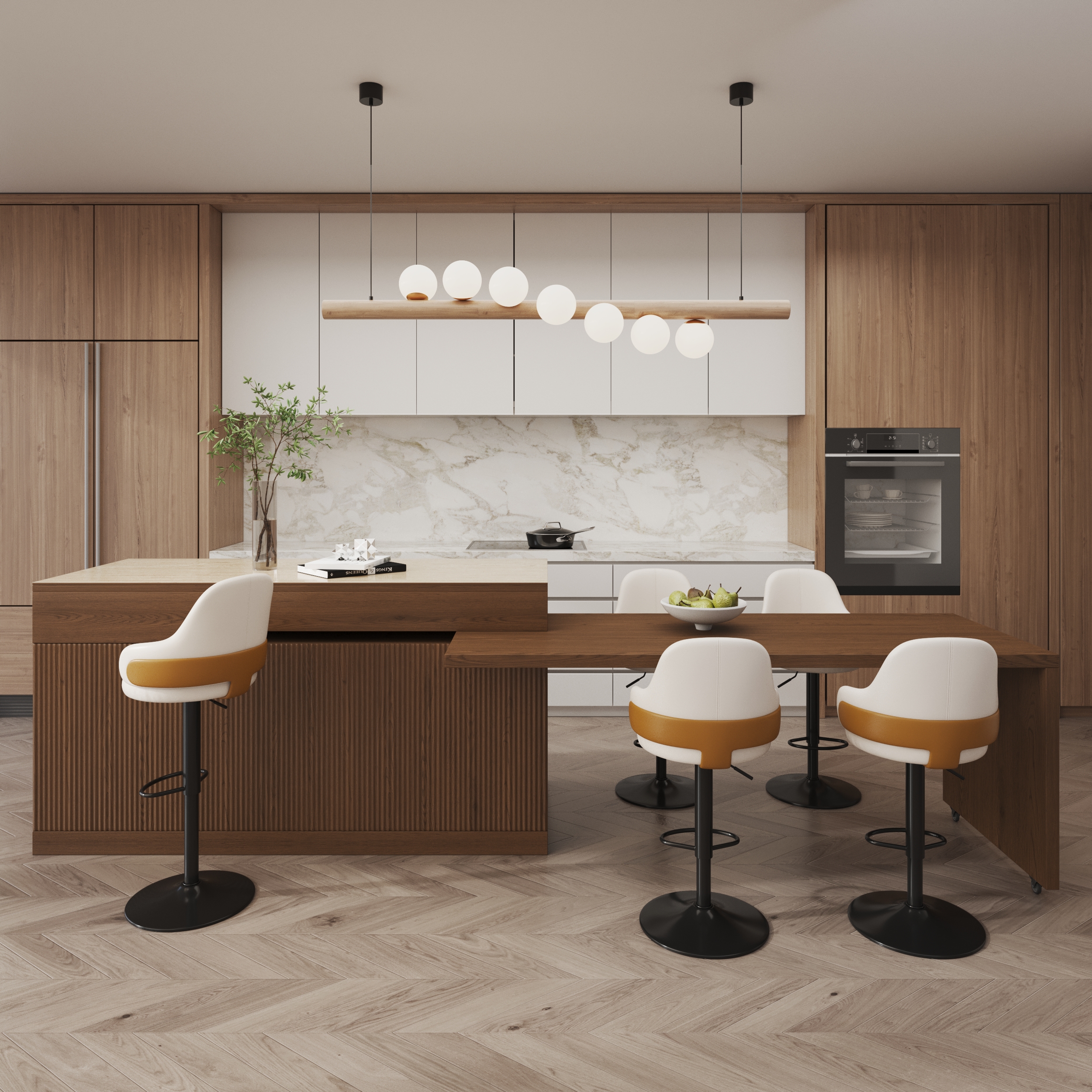 205 - 270 cm Kitchen lsland Extendable Marble Veneered Top Walnut Modern with Doors & Drawers
