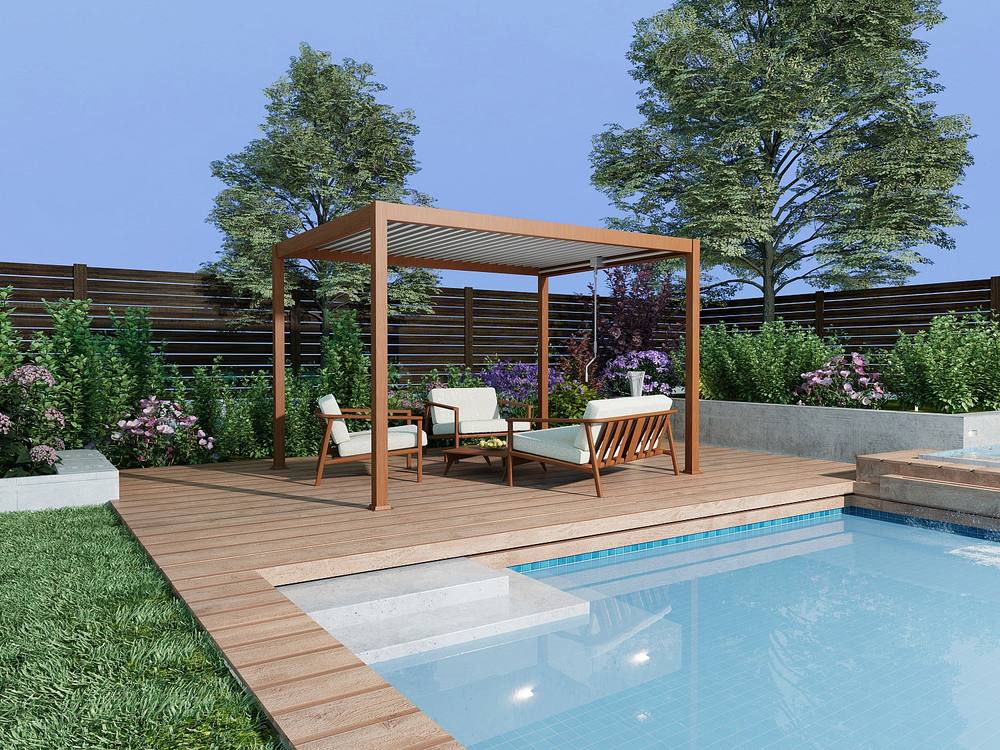 Vente-unique Self-Supporting Bioclimatic Aluminium Pergola With Adjustable Louvres in Walnut