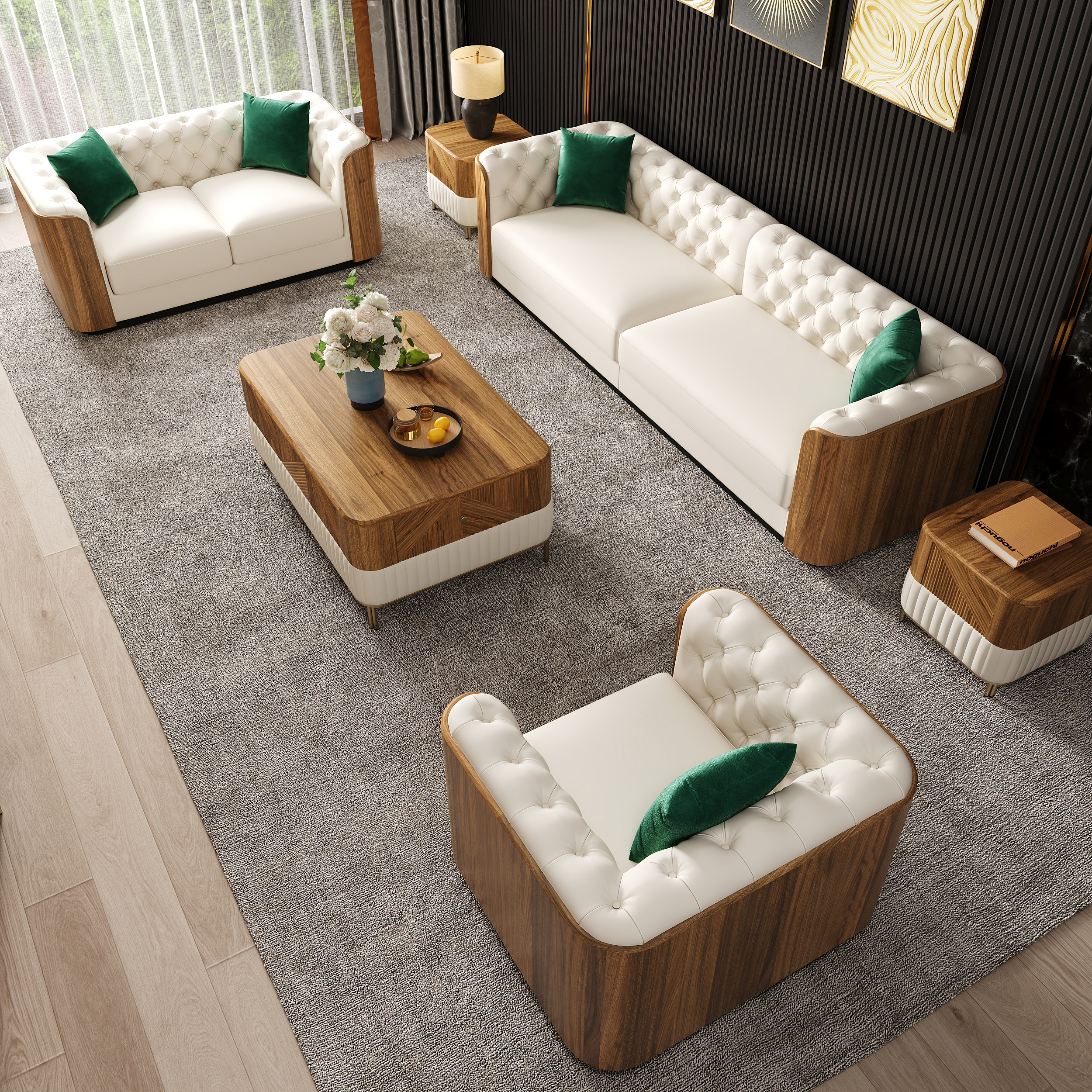 Wovent Modern Beige Faux Leather Tufted Sofa & Loveseat Living Room Set of 3