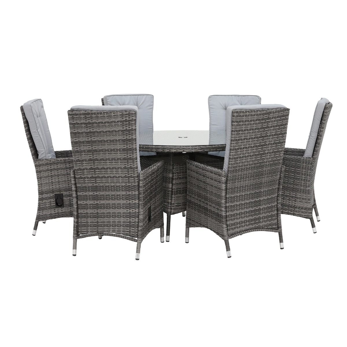 Tiverton 6 Seat Round Garden Dining Set in Grey Weave with Grey Fabric