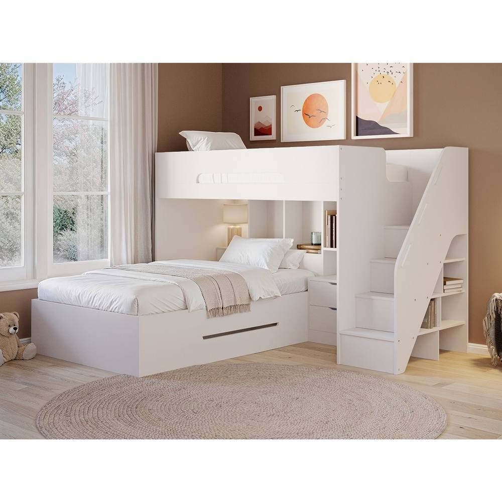 Flair Greyson Staircase Triple Bunk Bed with Storage in White