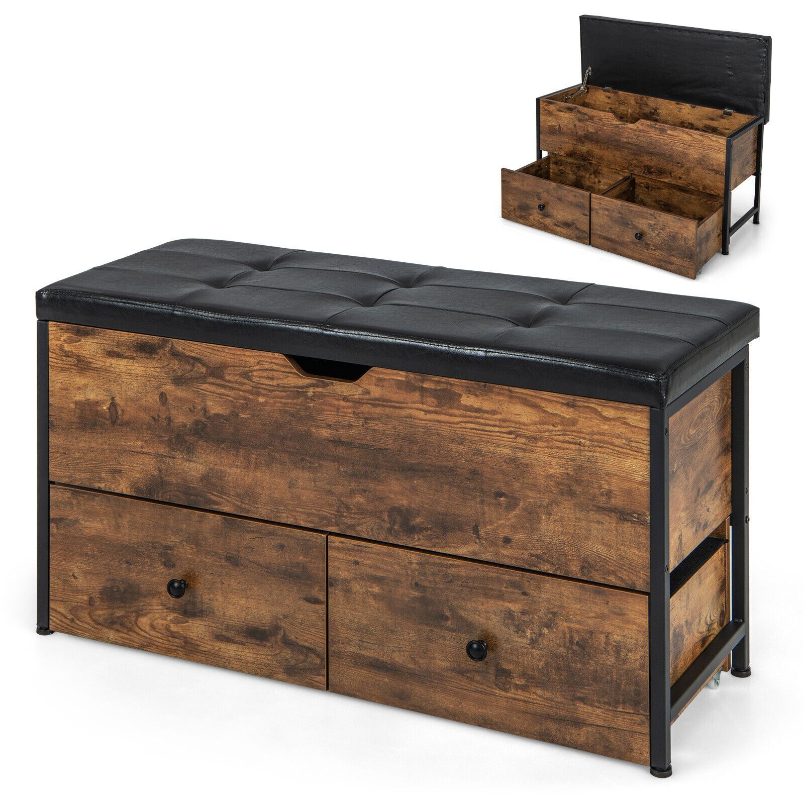 Costway Storage Ottoman Bench Flip Top Storage Chest with 2 Drawers Wooden Storage Bench in Brown