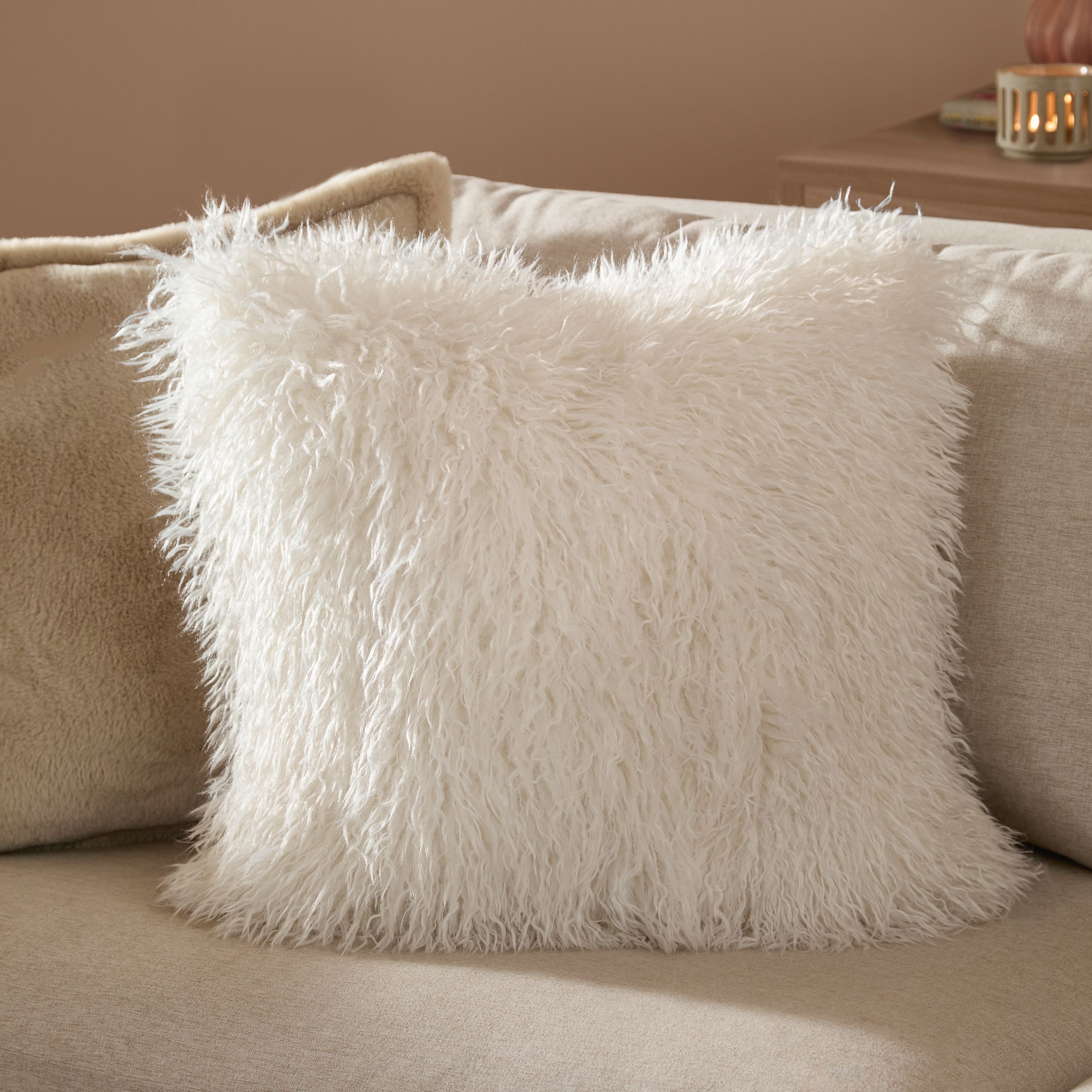 Furn Rowan Faux Fur Cushion in Light Beige