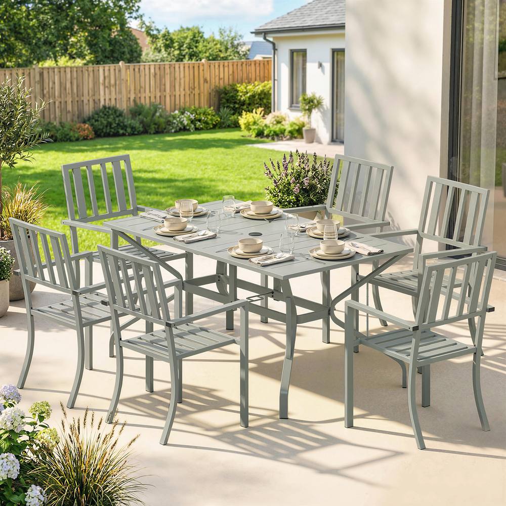 OUTSUNNY 7 Pieces Patio Dining Set with Umbrella Hole for Garden, Light Grey