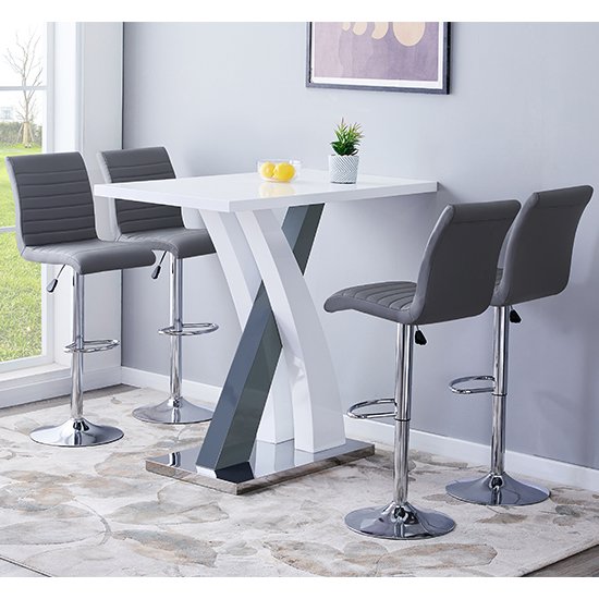 Axara Gloss Bar Table In White Grey With 4 Ripple Grey Stools