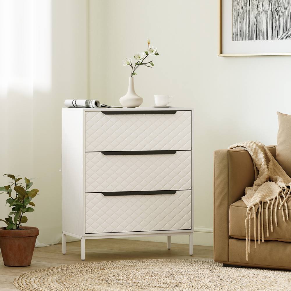 HOMCOM Chest of Drawers, 3 Fabric Drawer Dresser, Aluminium Handles in White