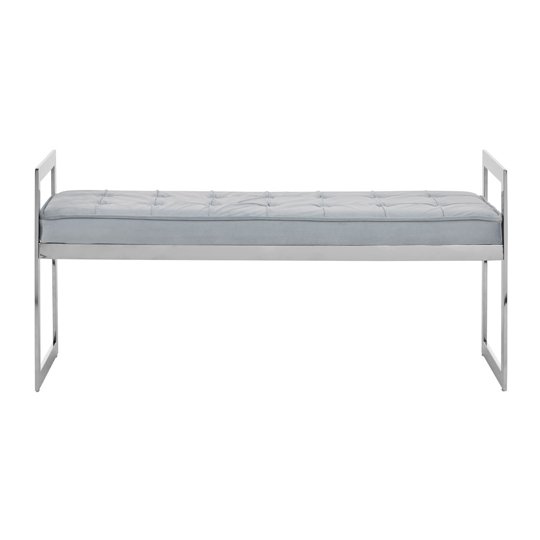 Alluras Powder Blue Velvet Button Tufted Bench With Silver Base
