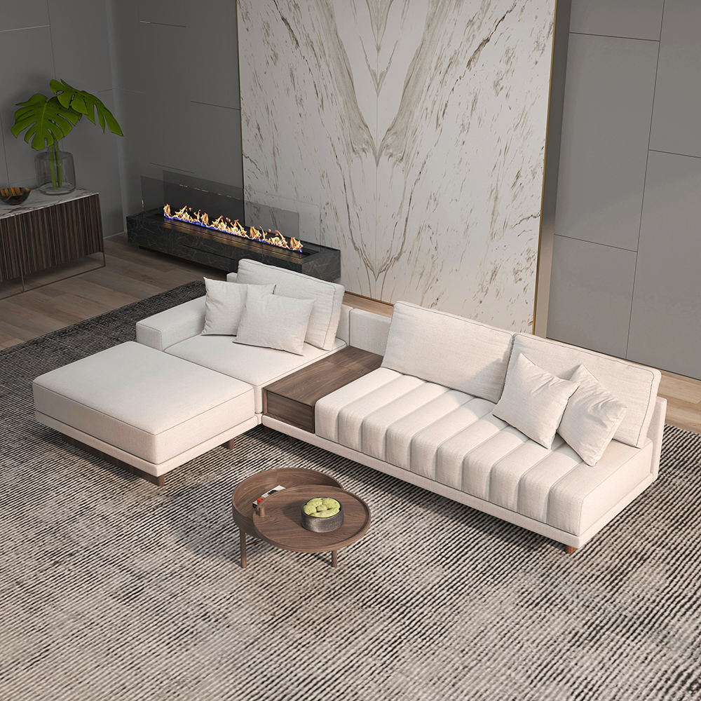 3200mm L-Shaped Modular Cotton & Linen Sectional with Chaise & Ottoman