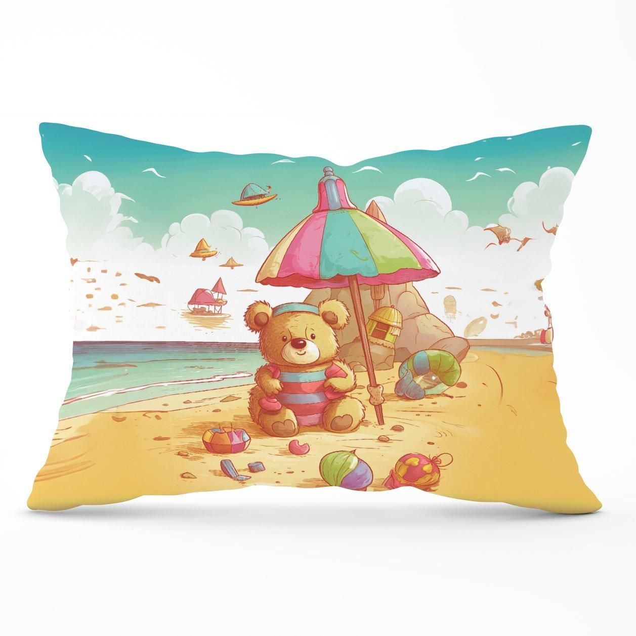 Warren Reed - Designer Lucky Teddy Bear On A Beach Holiday Cushions in Yellow
