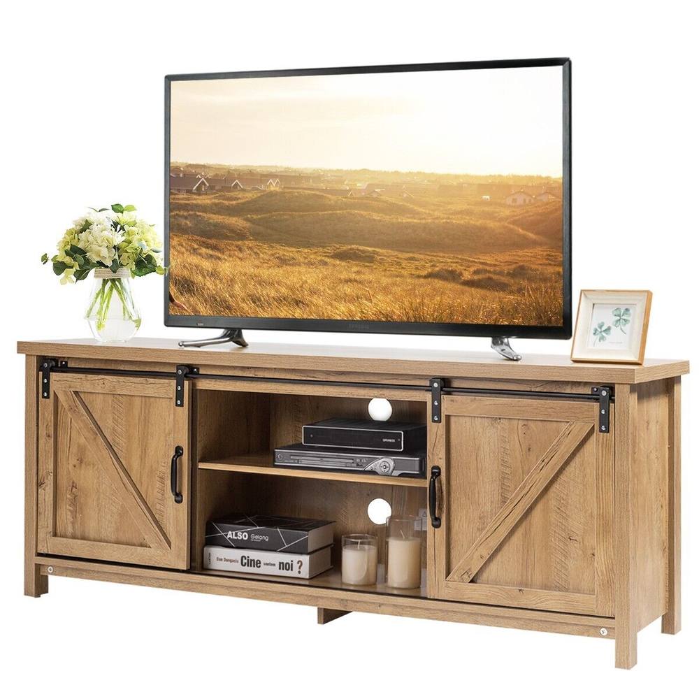 Costway Modern TV Stand for 60-Inch TV Wooden Media Storage Cabinet Organizer in Natural