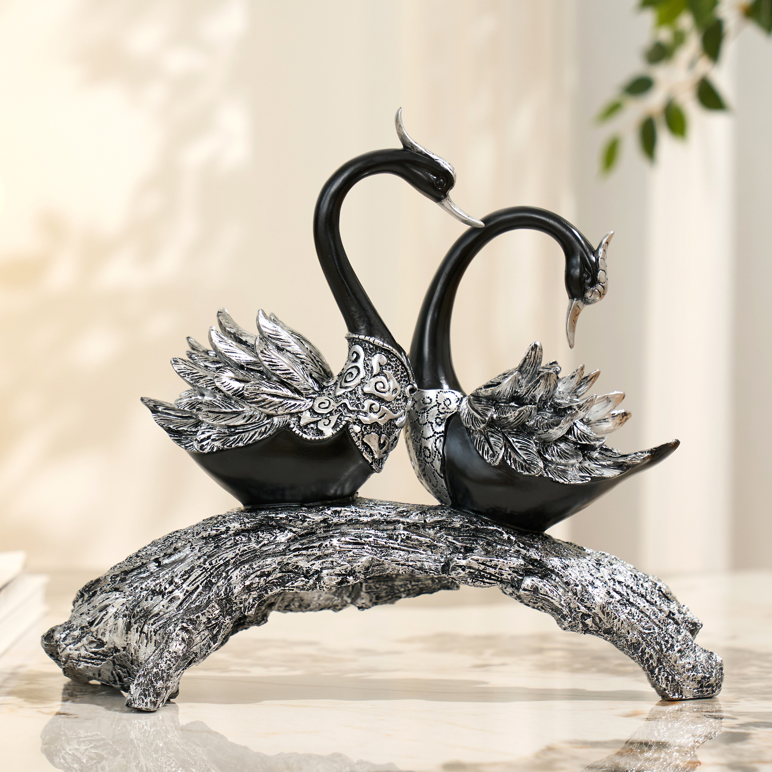 Swan Couple Resin Sculpture in Black & Silver for Home Table Decor