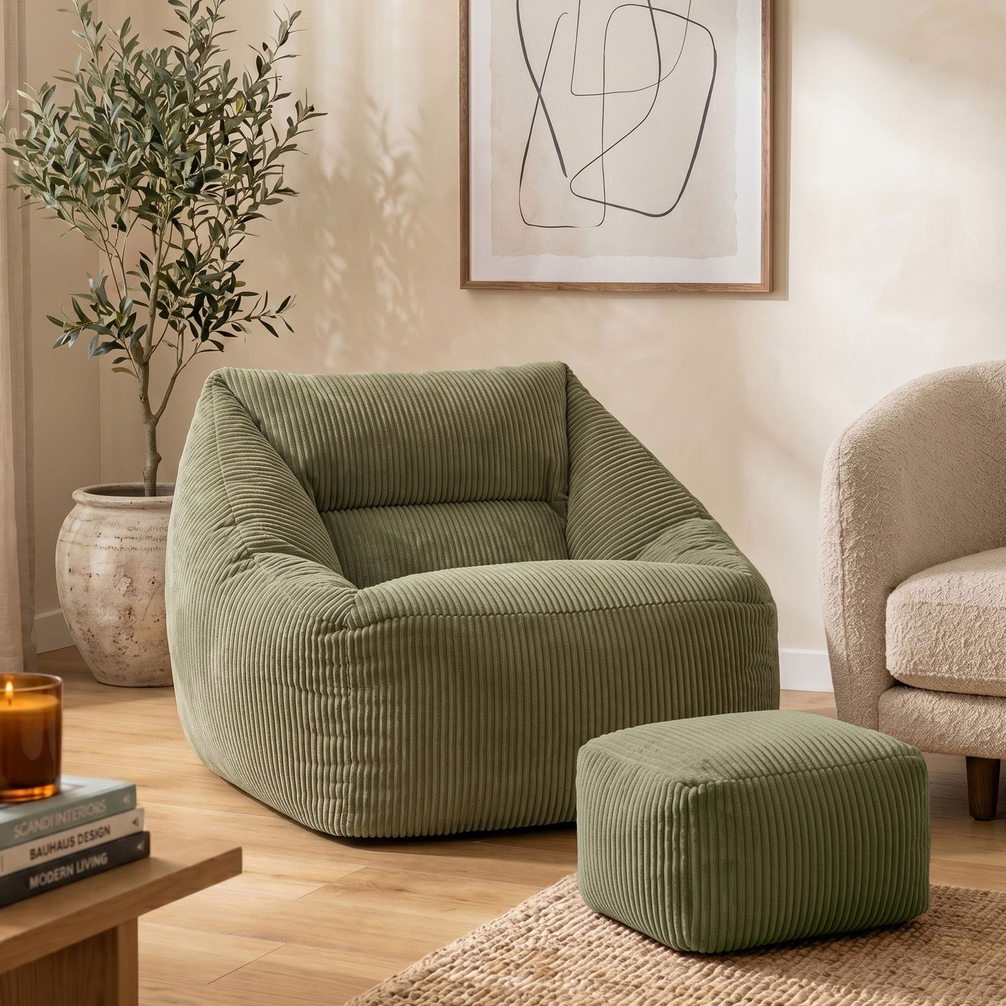 icon Bean Bag Armchair & Footstool Jumbo Cord Bundle in Green