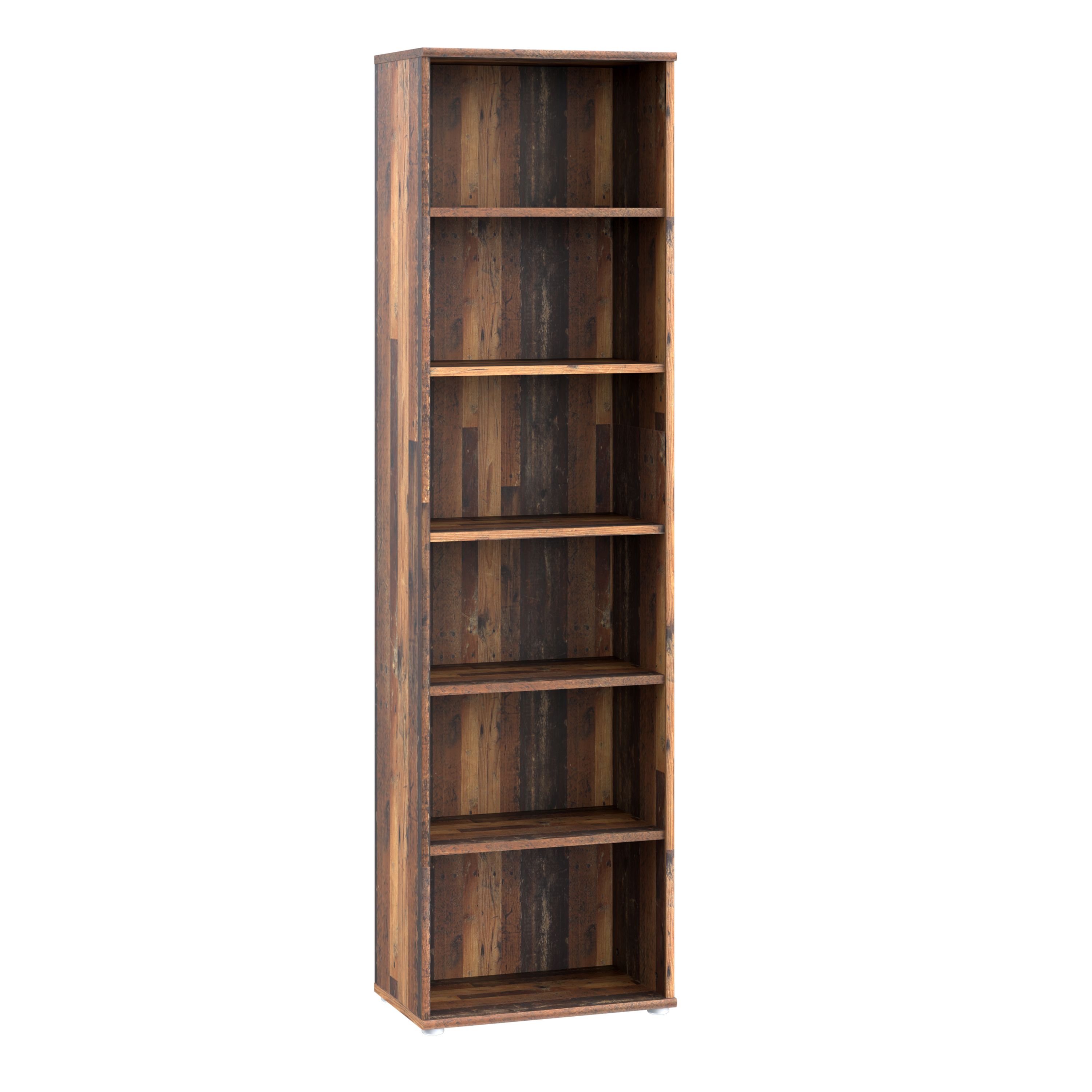 Furniture To Go Essential Narrow 5 Shelf Bookcase in Vintage Oak in Dark Brown