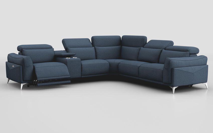 Blue Fabric Gattolino 2 Corner 1 Power Recliner Sofa with Manual Head Tilt & Console