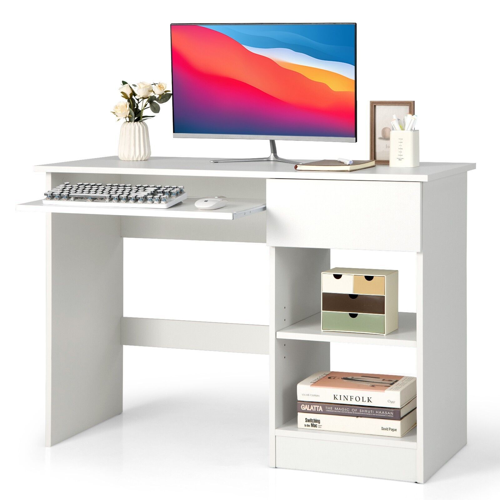 Costway Modern Computer Desk Workstation PC Laptop Table w/ Keyboard Tray & Drawer in White