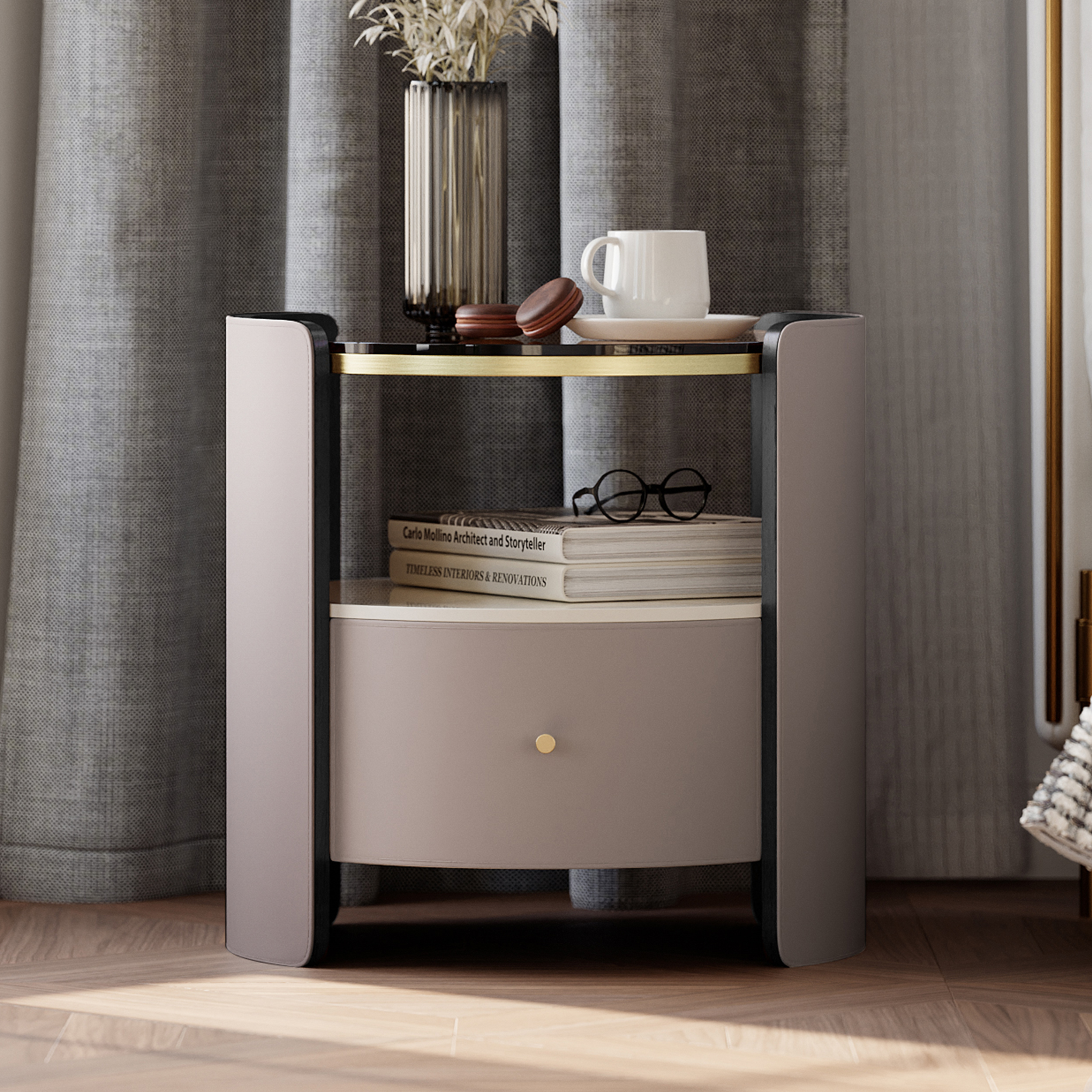 Modern Round Grey Leather Bedside Table with Glass Top & Sintered Stone Bedside with Shelf