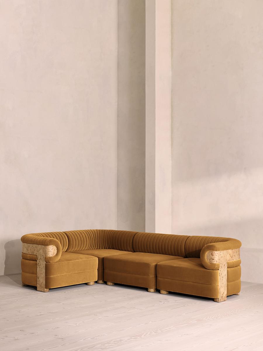 Caleb Modular L-Shape Sofa, Velvet, Mustard, Blonde Burl