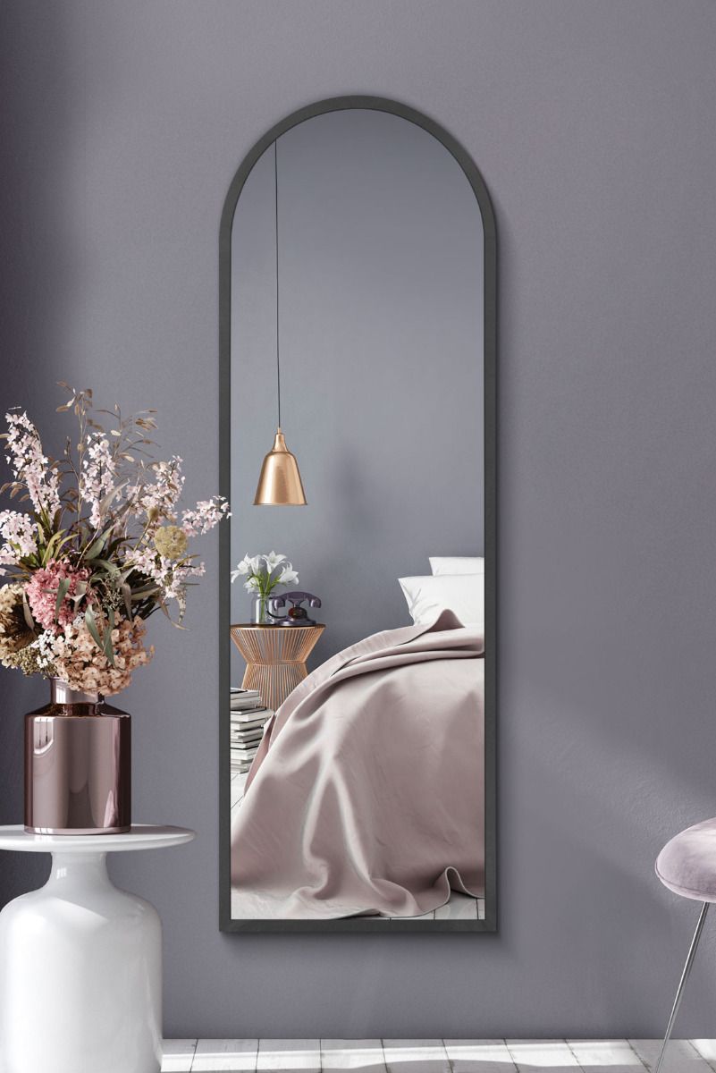 MirrorOutlet Black Metal Framed Window Arched Wall or Mantle Mirror(174 X 85CM)