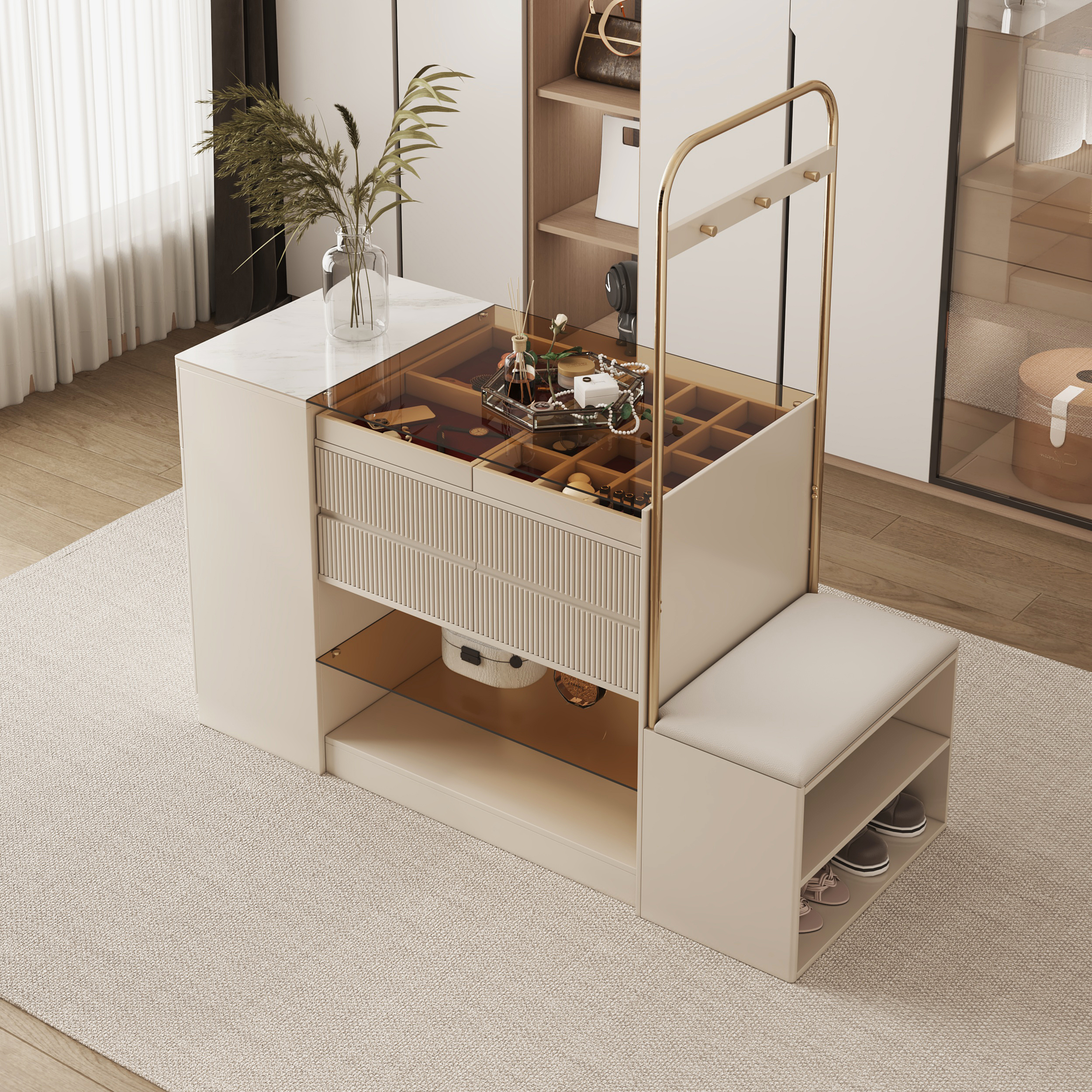 150 cm W Modern Off White Dresser with Doors & Drawers Walk in Wardrobe Island Jewellery Storage & Rack & Bench