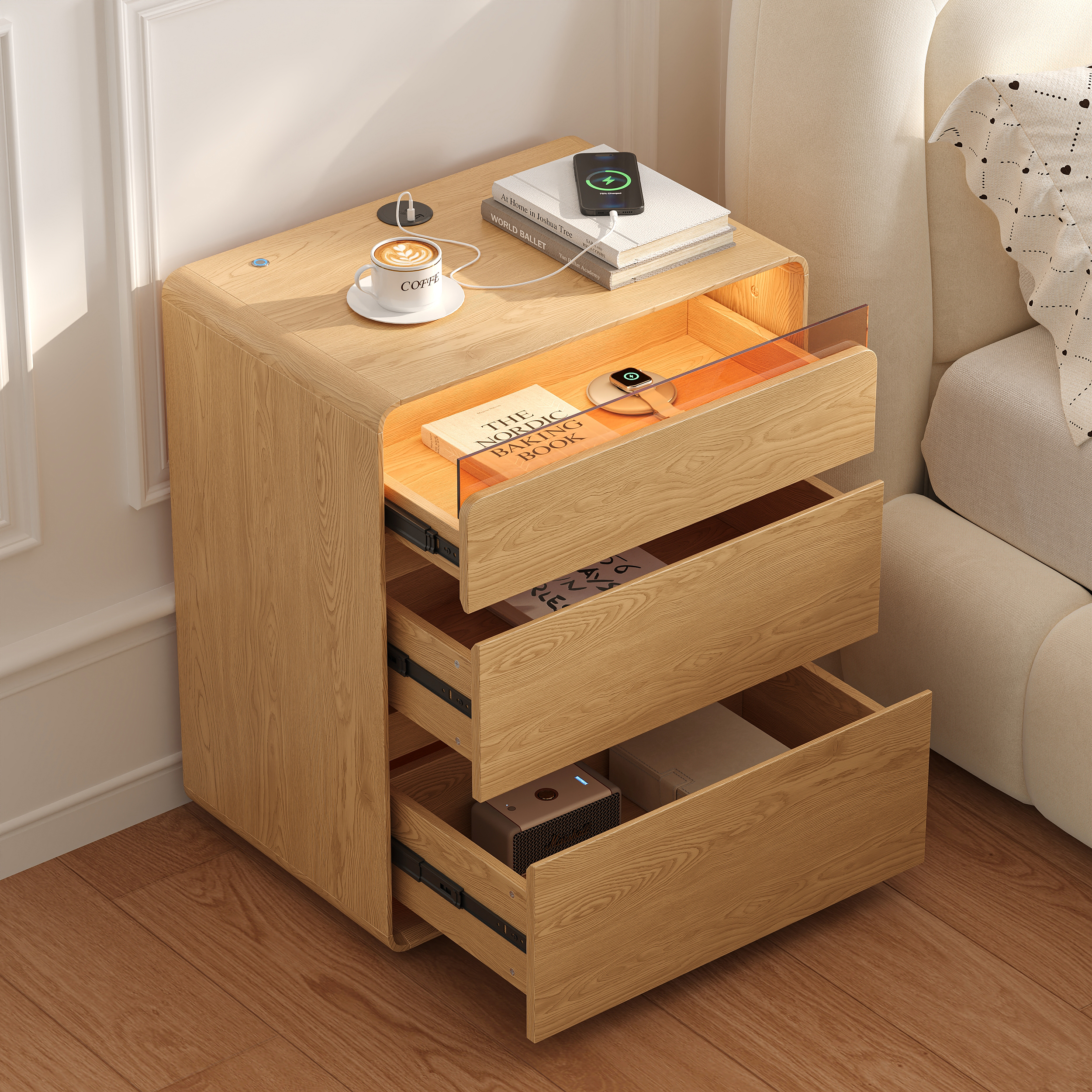60 cm Wooden 3-Drawer Smart Bedside Table With LED Lighting & Sensor Charging
