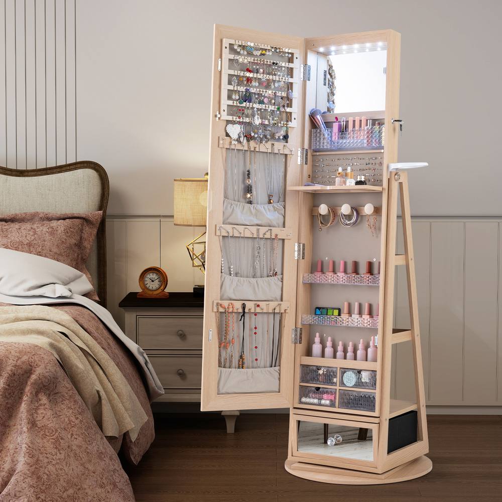 Costway 4 iN 1 Swivel Jewelry Cabinet Lockable Jewelry Armoire in Natural