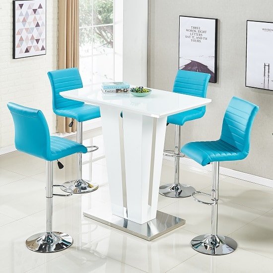 Memphis Glass Bar Table Gloss White 4 Ripple Turquoise Stools