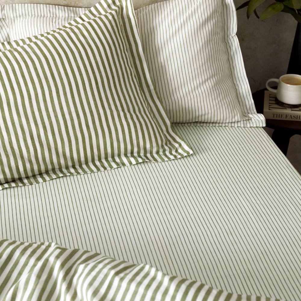 Yard Hebden Narrow Stripe 100% Cotton Fitted Sheet in Olive