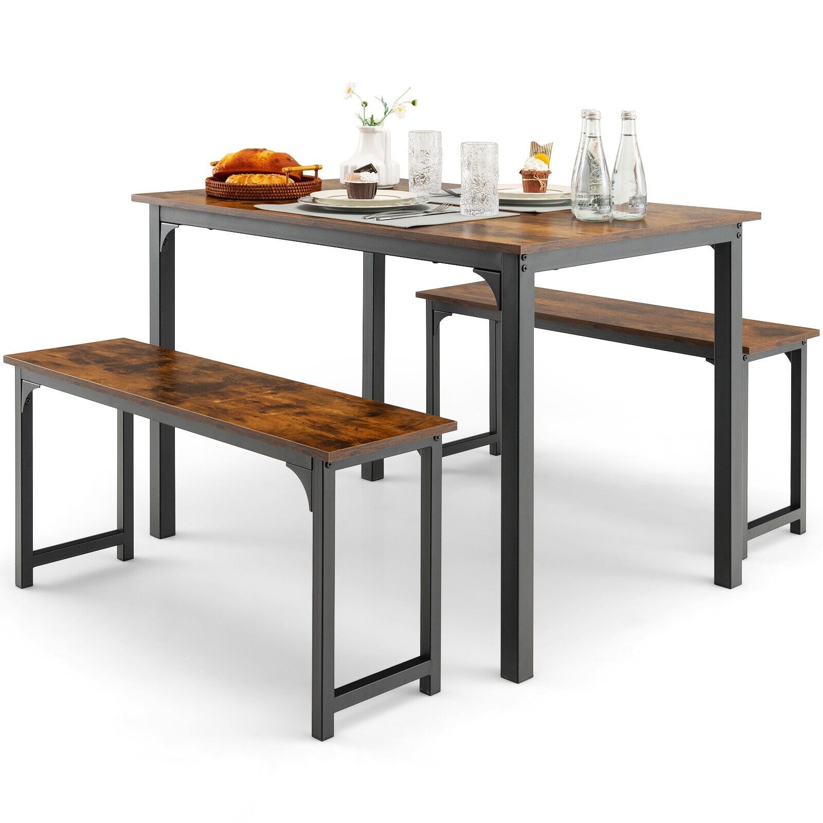 Costway 3 PCS Dining Table Set Space-Saving Kitchen Table Set w/2 Benches in Brown