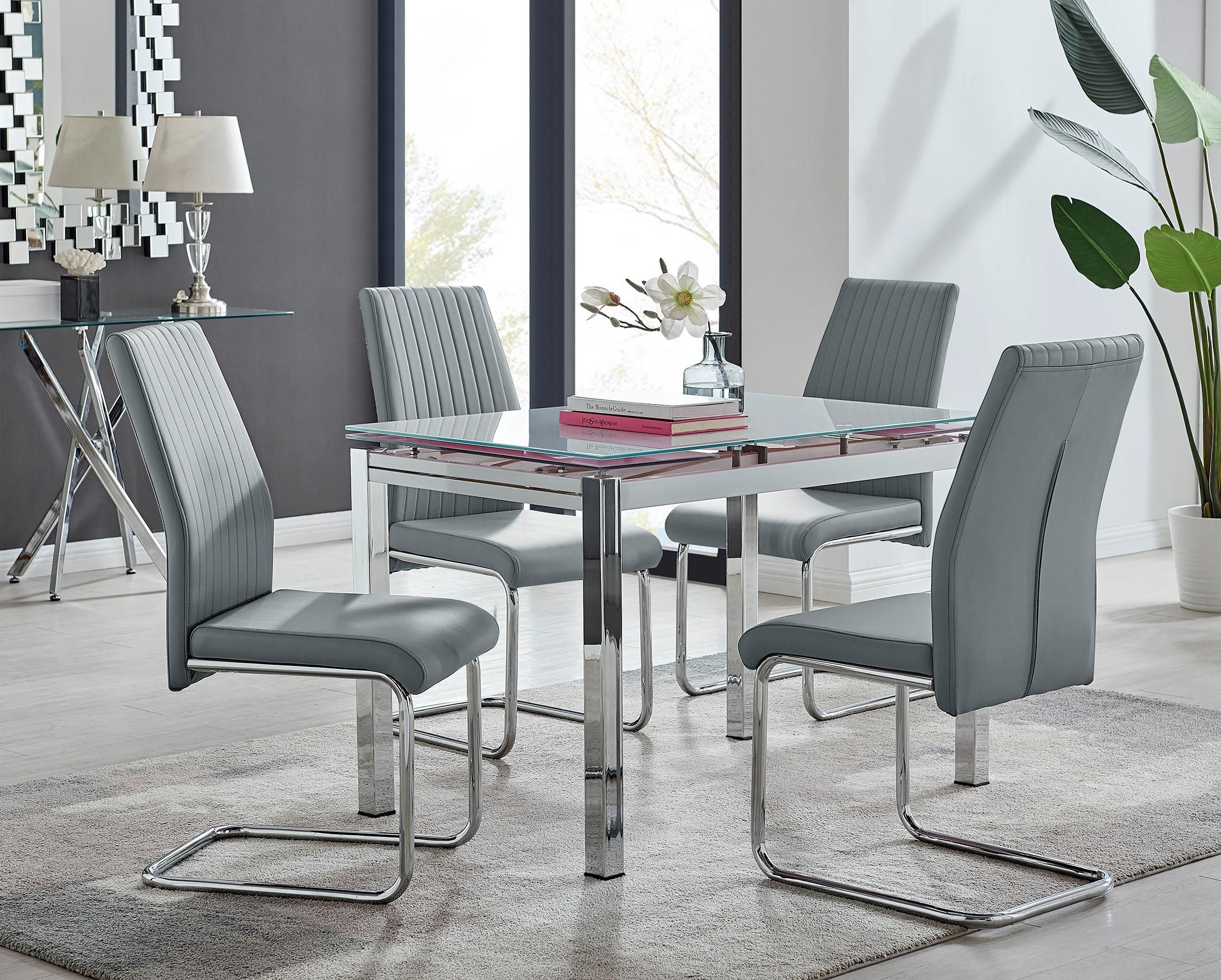 FurnitureboxUK Enna White Glass Extending 4-6 Seater Dining Table & 4 Lorenzo Faux Leather Chairs in Grey