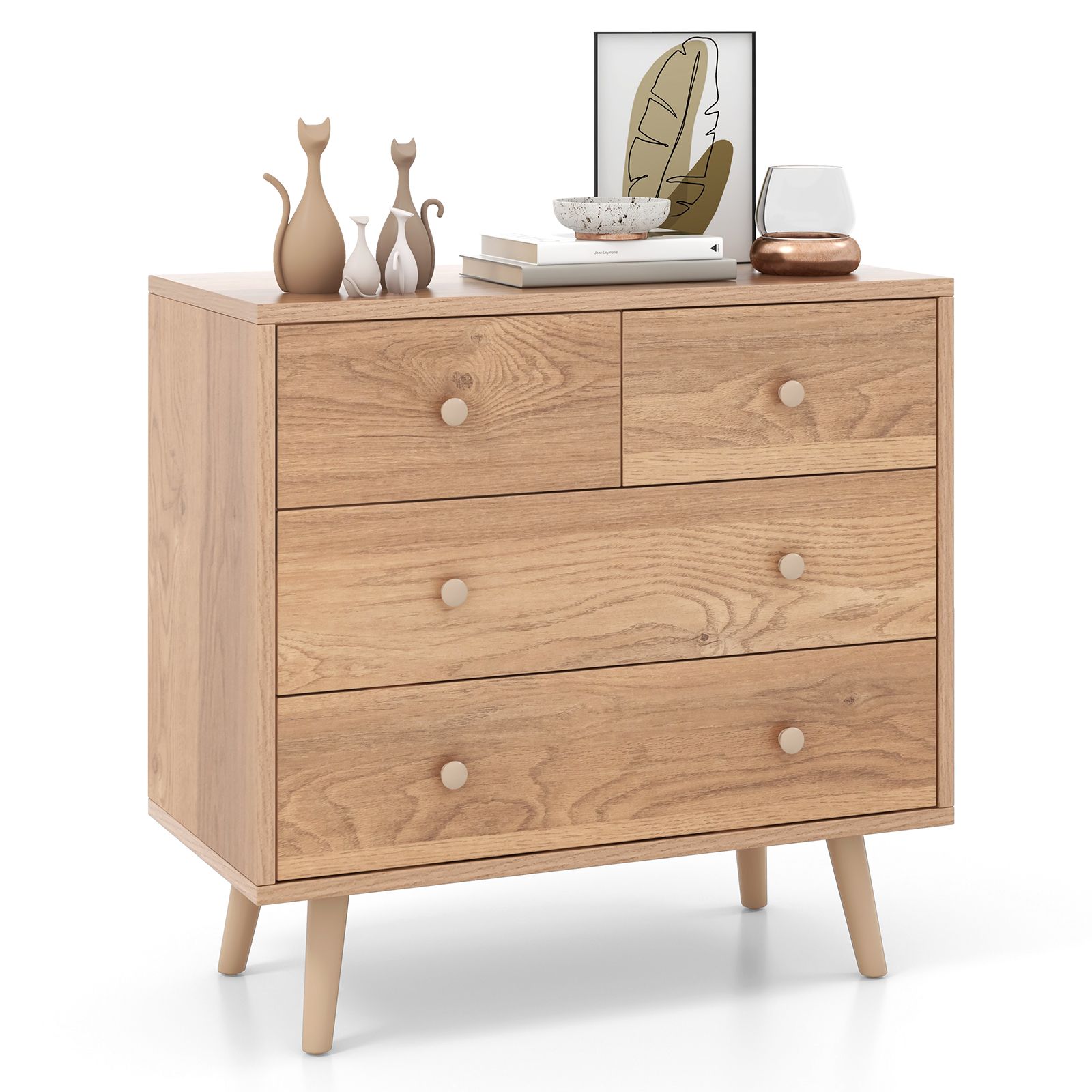Costway 4-Drawer Chest Storage Cabinet Dresser Freestanding Organizer w/ Anti-tipping Device in Natural