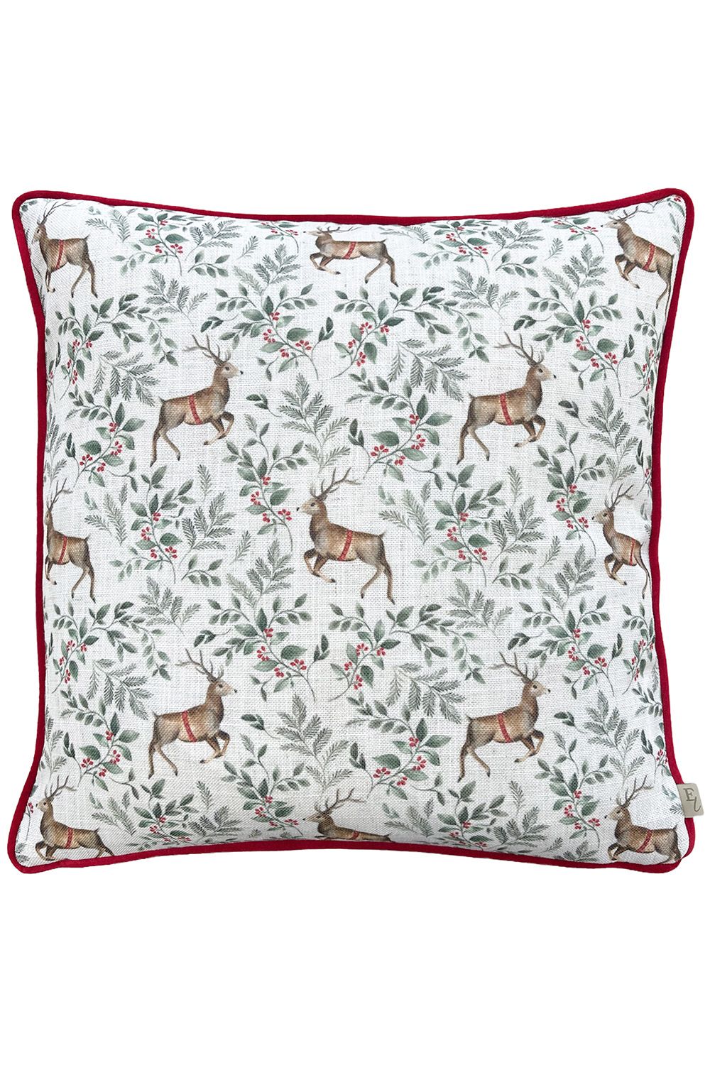 Evans Lichfield Festive Reindeer Repeat Watercolour Printed Piped Cushion in Scarlet