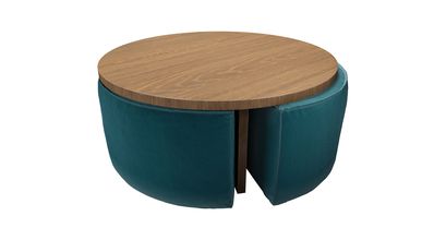 Woody Coffee Table and Nesting Stool Set in Deep Turquoise Cotton Matt Velvet - sofa.com