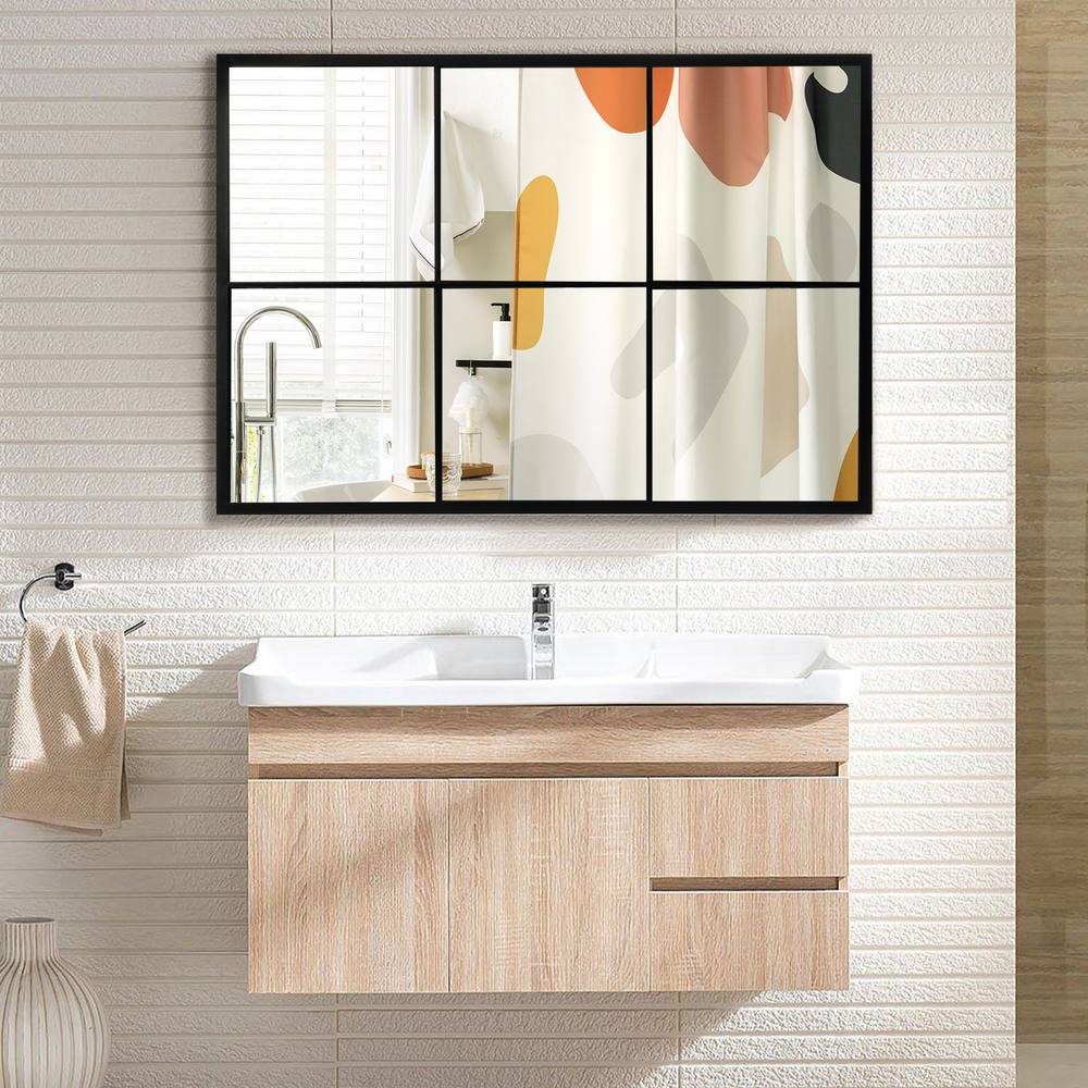 Costway Vintage Windowpane Hanging Mirror Wall Mounted Decoration Mirror Steel Frame in Black